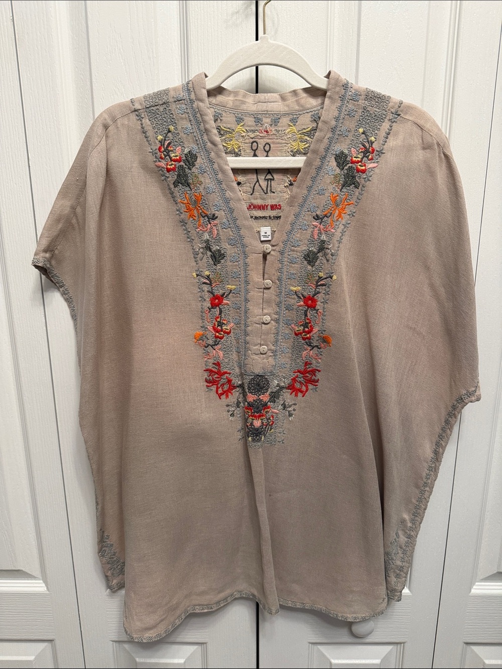 Johnny Was Linen Taupe Embroidered V-Neck Tunic with Multicolor Floral Detail